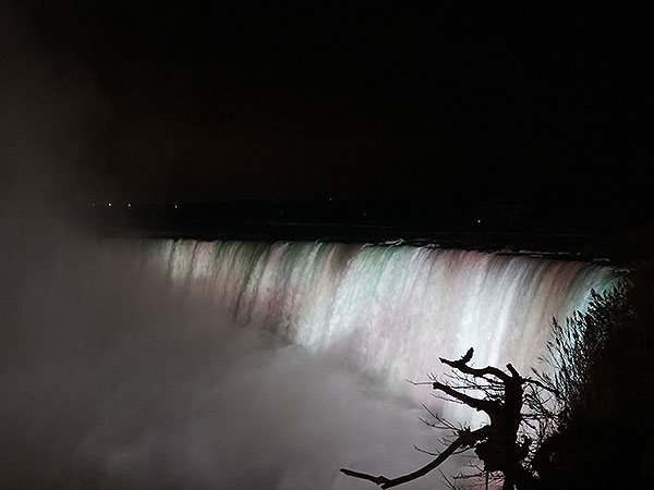 White light shines on Niagara Falls as viewed from Canadian side with tree in front